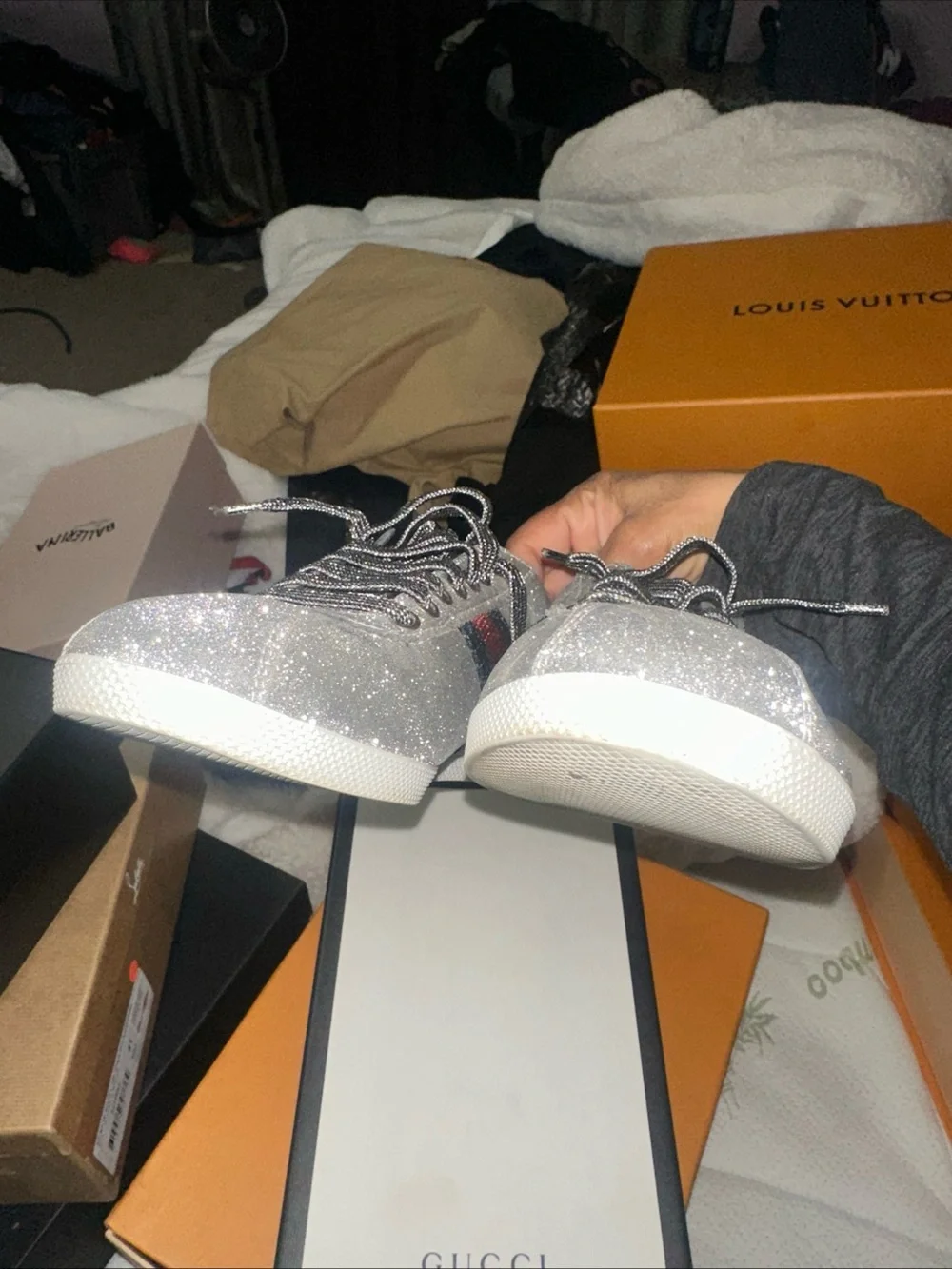 Gucci Silver Glitter Sneakers with Black Ribbon Detail
